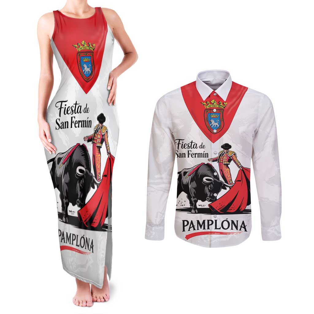 Personalized San Fermin Festival Couples Matching Tank Maxi Dress and Long Sleeve Button Shirt Pamplona Bull Run - Wonder Print Shop