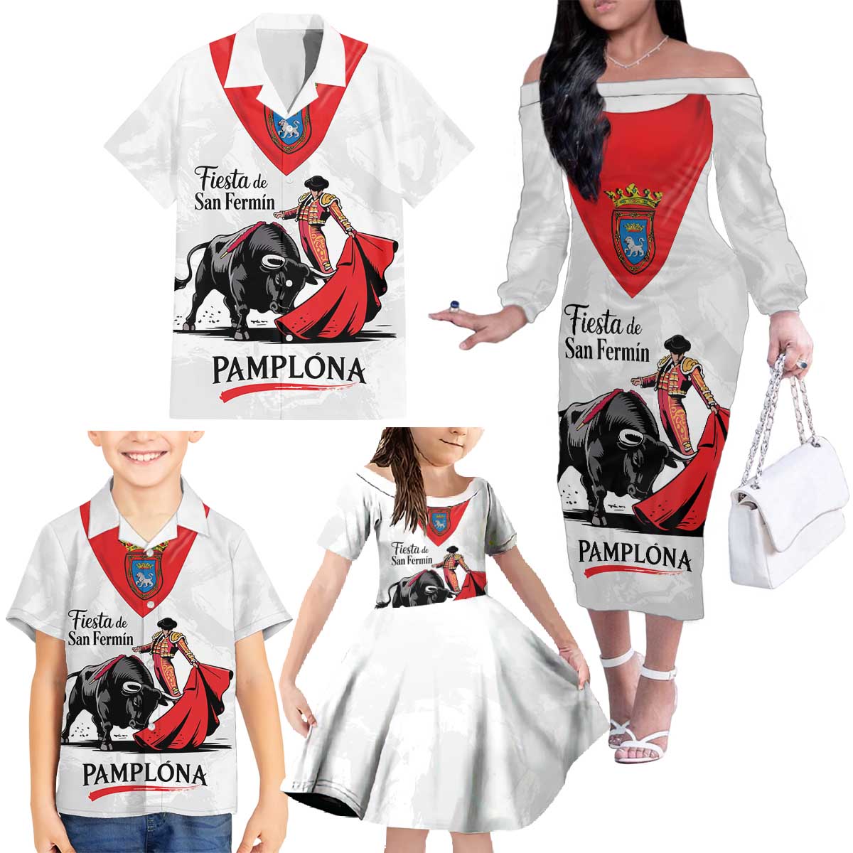 Personalized San Fermin Festival Family Matching Off The Shoulder Long Sleeve Dress and Hawaiian Shirt Pamplona Bull Run - Wonder Print Shop