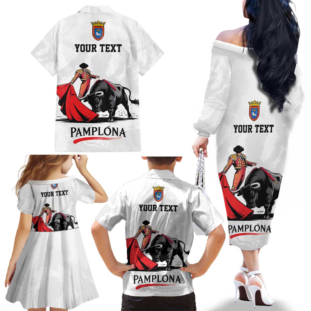 Personalized San Fermin Festival Family Matching Off The Shoulder Long Sleeve Dress and Hawaiian Shirt Pamplona Bull Run - Wonder Print Shop