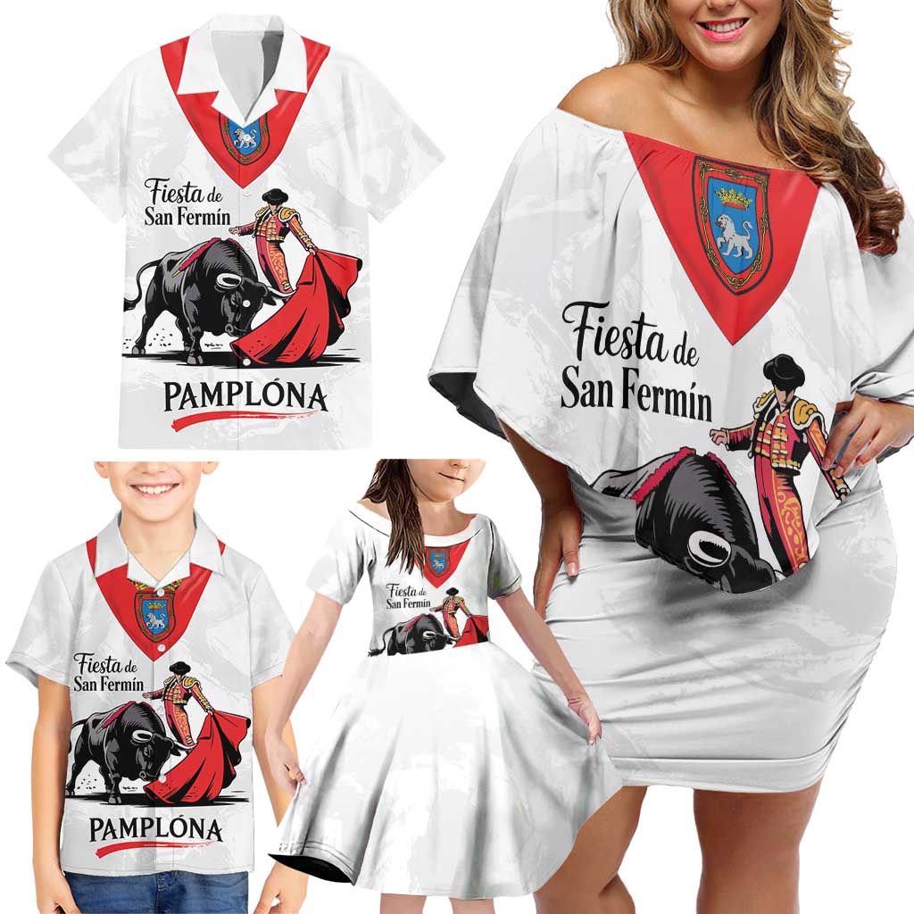 Personalized San Fermin Festival Family Matching Off Shoulder Short Dress and Hawaiian Shirt Pamplona Bull Run - Wonder Print Shop