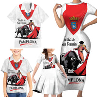 Personalized San Fermin Festival Family Matching Short Sleeve Bodycon Dress and Hawaiian Shirt Pamplona Bull Run - Wonder Print Shop
