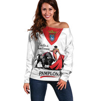 Personalized San Fermin Festival Off Shoulder Sweater Pamplona Bull Run - Wonder Print Shop