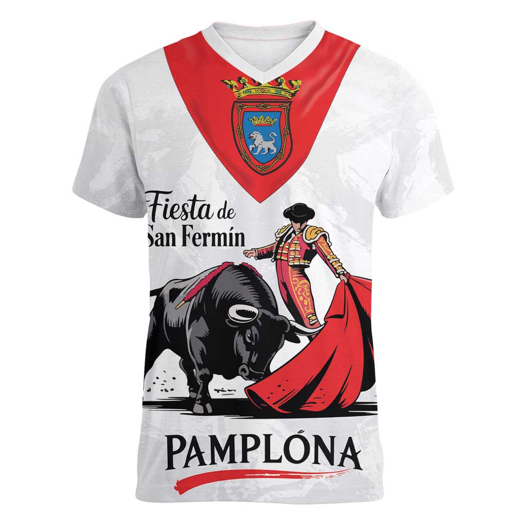 Personalized San Fermin Festival Women V-Neck T-Shirt Pamplona Bull Run - Wonder Print Shop