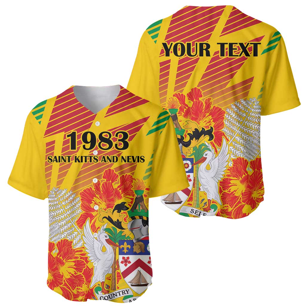 Personalized Saint Kitts and Nevis Poinciana Flowers Baseball Jersey With Coat Of Arms - Wonder Print Shop