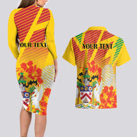 Personalized Saint Kitts and Nevis Poinciana Flowers Couples Matching Long Sleeve Bodycon Dress and Hawaiian Shirt With Coat Of Arms - Wonder Print Shop