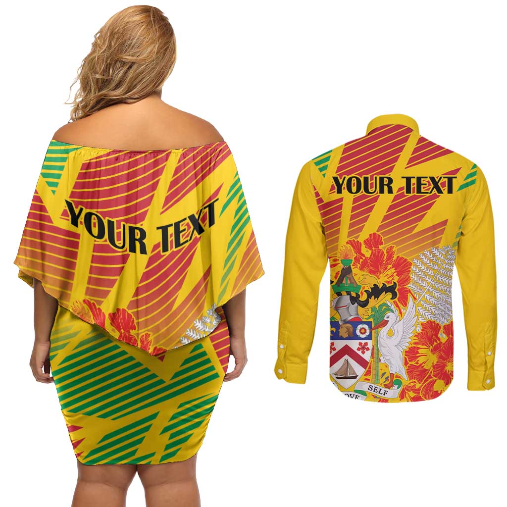 Personalized Saint Kitts and Nevis Poinciana Flowers Couples Matching Off Shoulder Short Dress and Long Sleeve Button Shirt With Coat Of Arms - Wonder Print Shop
