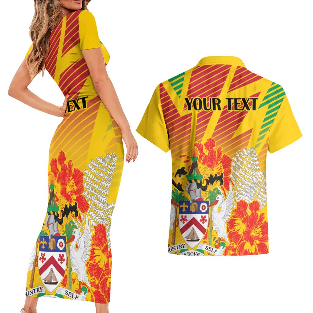 Personalized Saint Kitts and Nevis Poinciana Flowers Couples Matching Short Sleeve Bodycon Dress and Hawaiian Shirt With Coat Of Arms - Wonder Print Shop