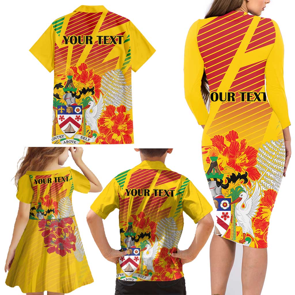 Personalized Saint Kitts and Nevis Poinciana Flowers Family Matching Long Sleeve Bodycon Dress and Hawaiian Shirt With Coat Of Arms - Wonder Print Shop