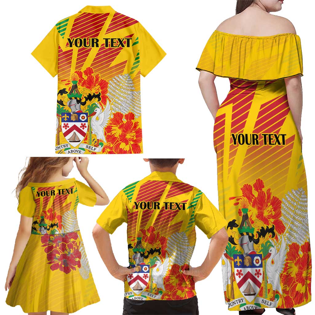 Personalized Saint Kitts and Nevis Poinciana Flowers Family Matching Off Shoulder Maxi Dress and Hawaiian Shirt With Coat Of Arms - Wonder Print Shop