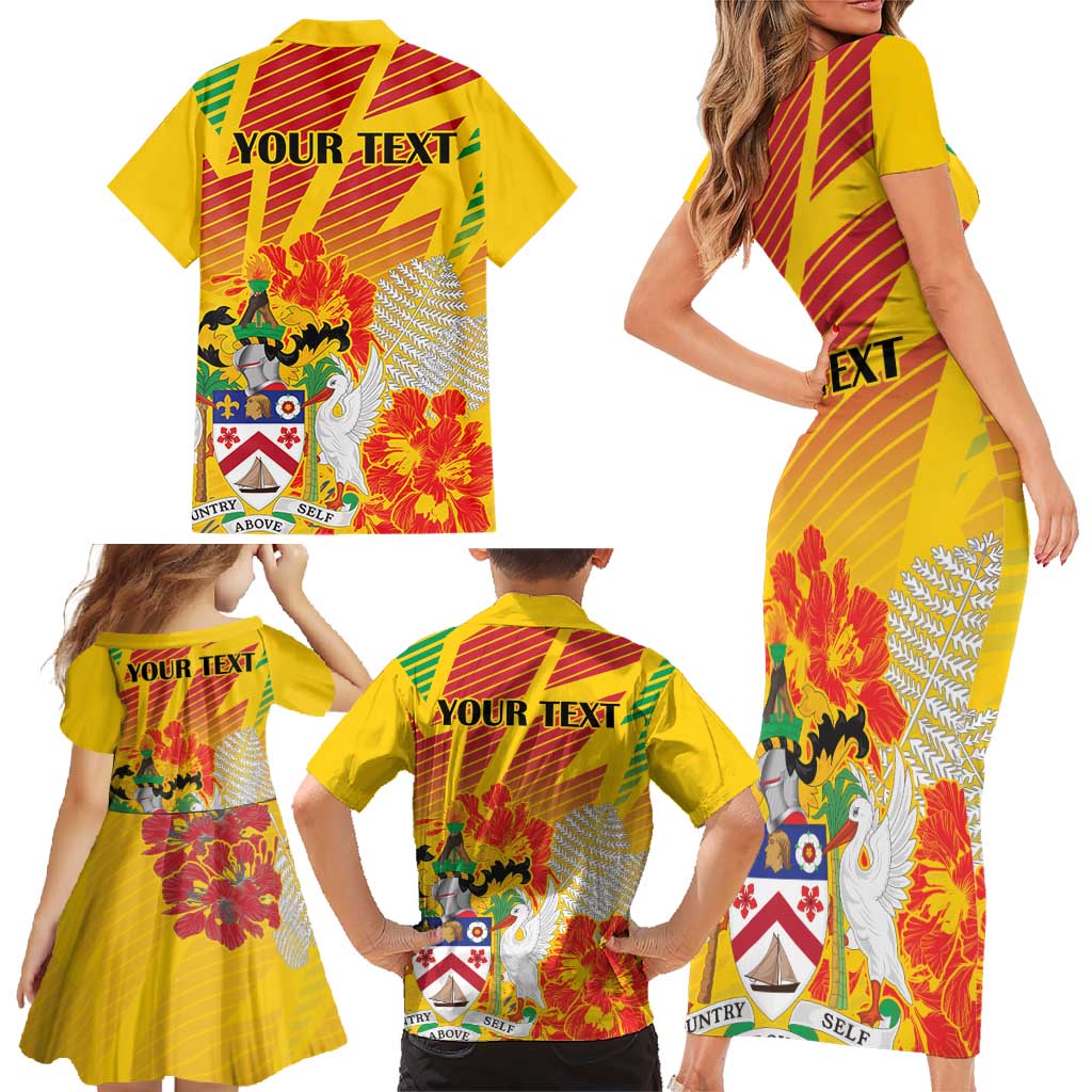 Personalized Saint Kitts and Nevis Poinciana Flowers Family Matching Short Sleeve Bodycon Dress and Hawaiian Shirt With Coat Of Arms - Wonder Print Shop