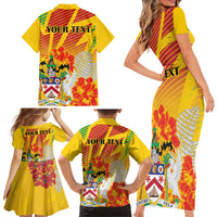 Personalized Saint Kitts and Nevis Poinciana Flowers Family Matching Short Sleeve Bodycon Dress and Hawaiian Shirt With Coat Of Arms - Wonder Print Shop