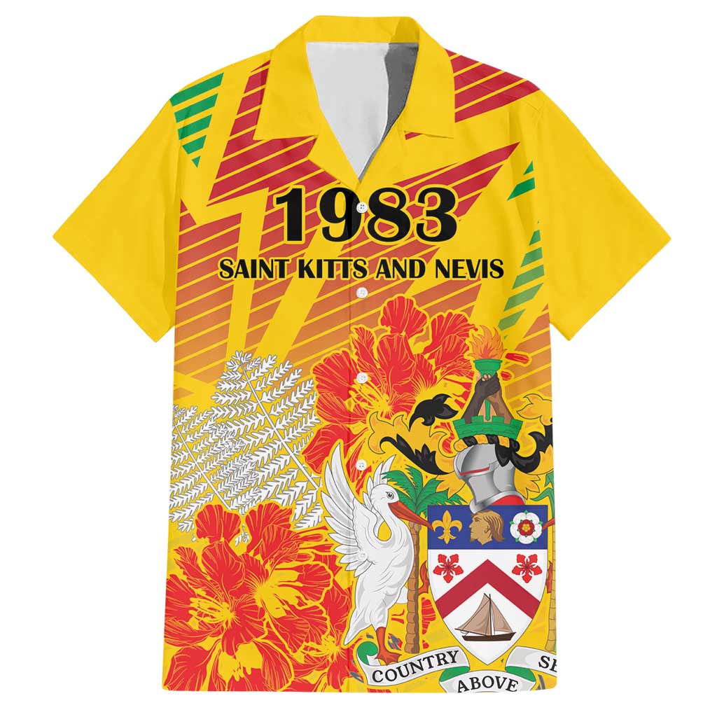 Personalized Saint Kitts and Nevis Poinciana Flowers Family Matching Short Sleeve Bodycon Dress and Hawaiian Shirt With Coat Of Arms - Wonder Print Shop