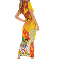 Personalized Saint Kitts and Nevis Poinciana Flowers Family Matching Short Sleeve Bodycon Dress and Hawaiian Shirt With Coat Of Arms - Wonder Print Shop