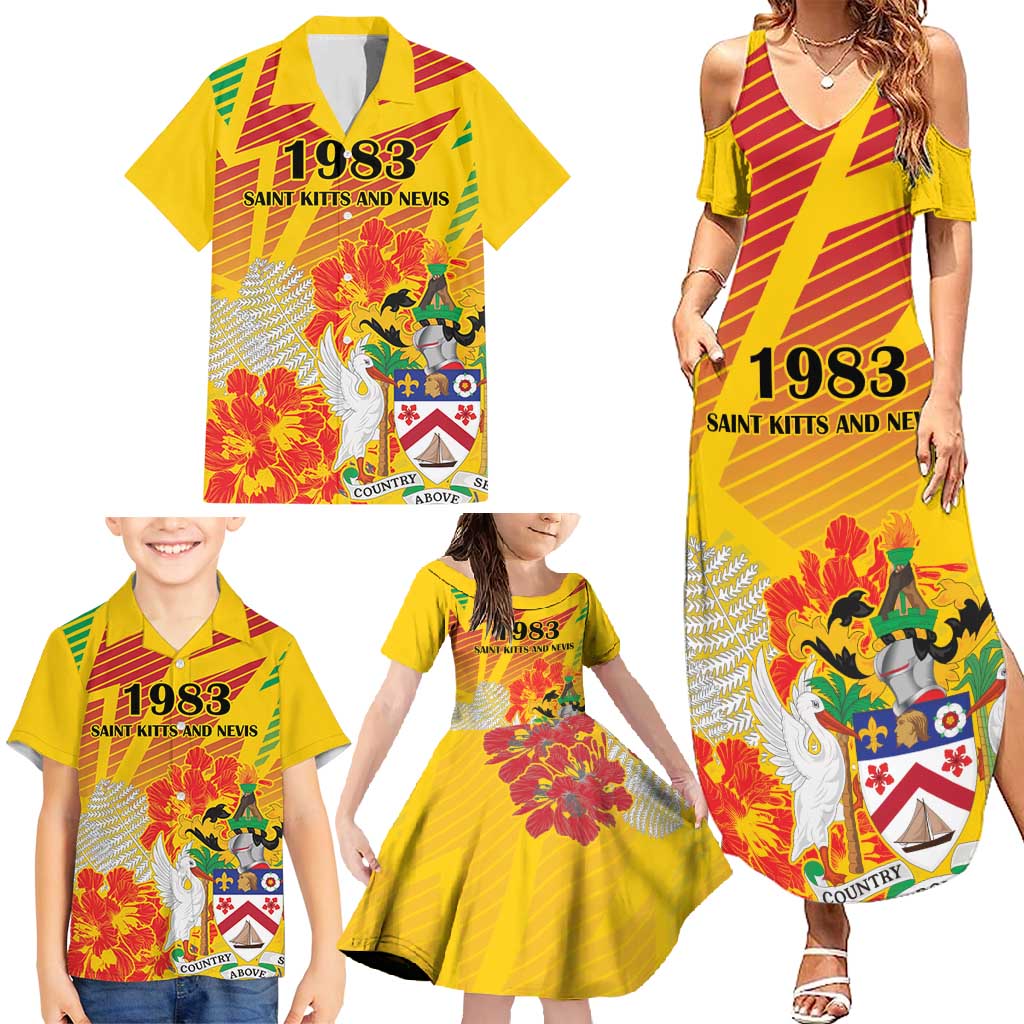 Personalized Saint Kitts and Nevis Poinciana Flowers Family Matching Summer Maxi Dress and Hawaiian Shirt With Coat Of Arms - Wonder Print Shop