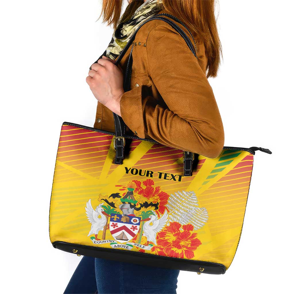 Personalized Saint Kitts and Nevis Poinciana Flowers Leather Tote Bag With Coat Of Arms - Wonder Print Shop