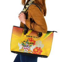 Personalized Saint Kitts and Nevis Poinciana Flowers Leather Tote Bag With Coat Of Arms - Wonder Print Shop