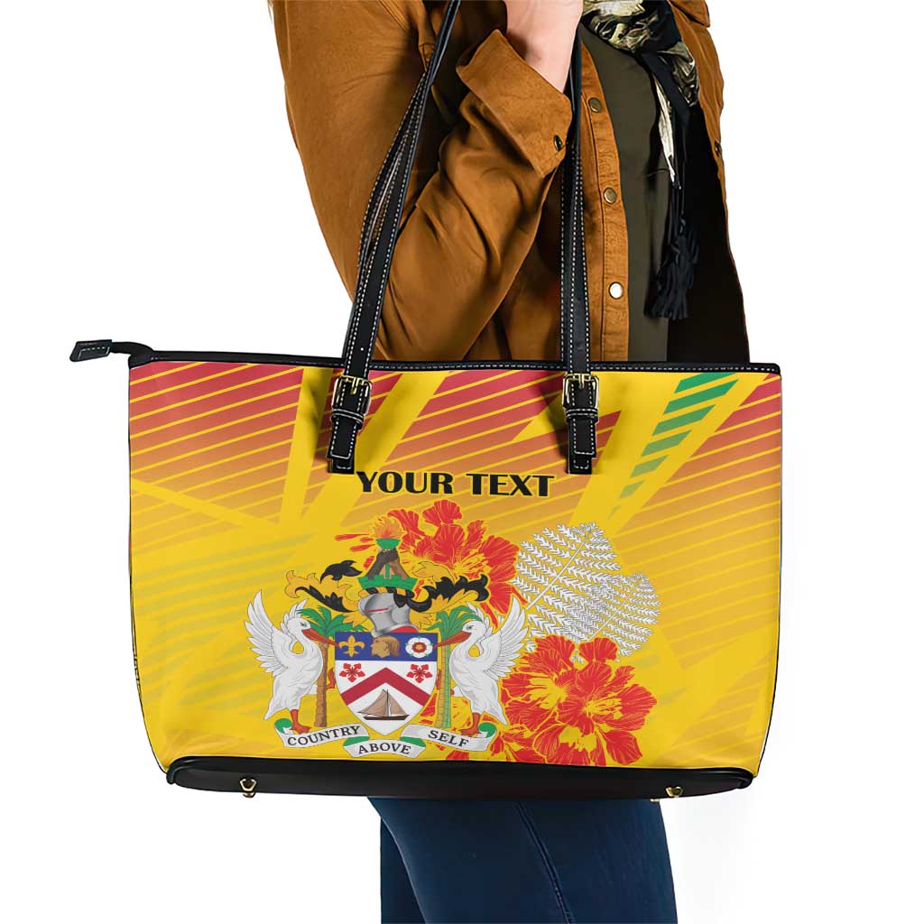Personalized Saint Kitts and Nevis Poinciana Flowers Leather Tote Bag With Coat Of Arms - Wonder Print Shop