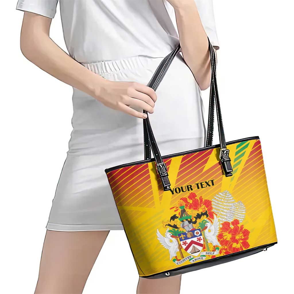 Personalized Saint Kitts and Nevis Poinciana Flowers Leather Tote Bag With Coat Of Arms - Wonder Print Shop