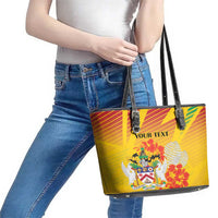 Personalized Saint Kitts and Nevis Poinciana Flowers Leather Tote Bag With Coat Of Arms - Wonder Print Shop