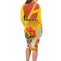 Personalized Saint Kitts and Nevis Poinciana Flowers Long Sleeve Bodycon Dress With Coat Of Arms - Wonder Print Shop