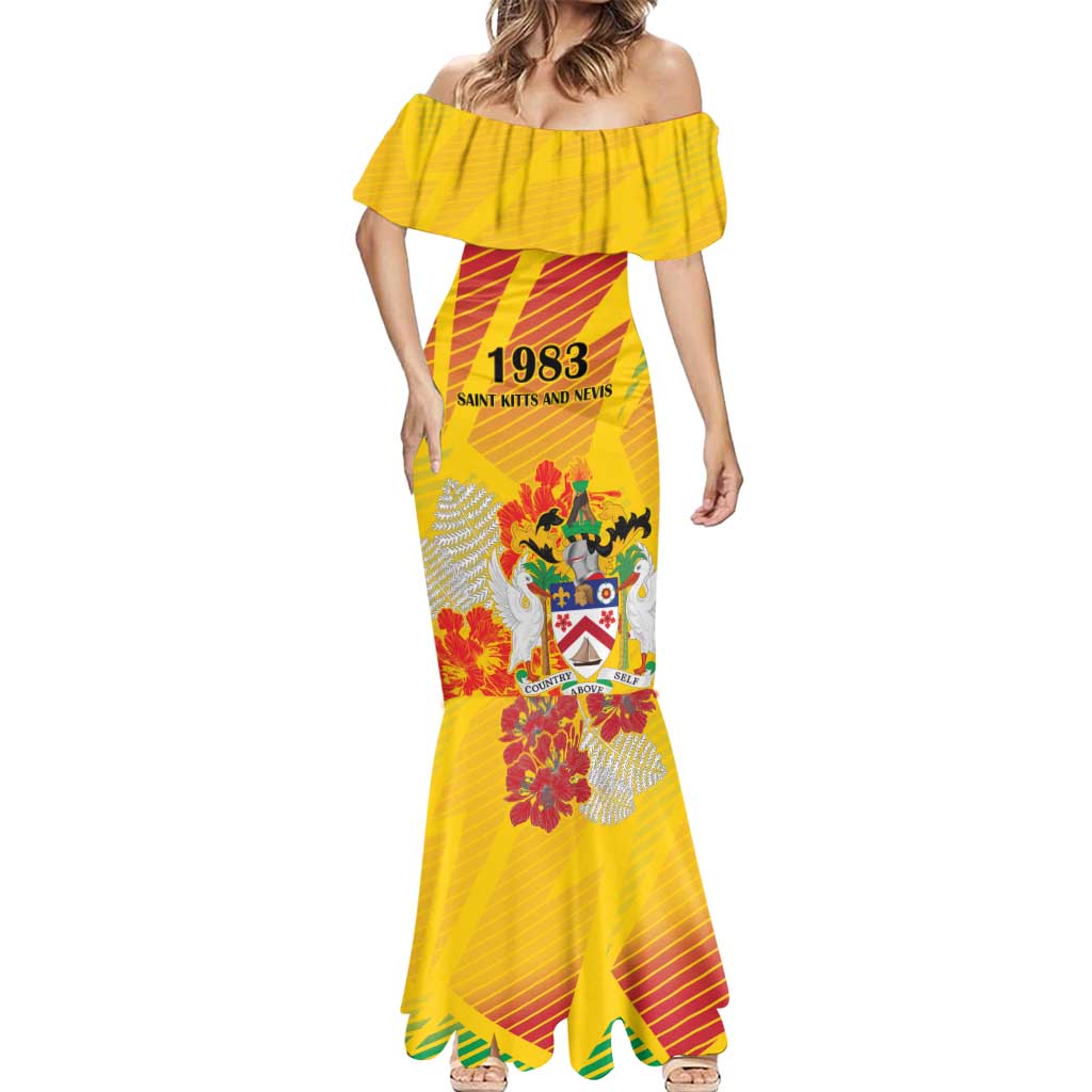 Personalized Saint Kitts and Nevis Poinciana Flowers Mermaid Dress With Coat Of Arms - Wonder Print Shop