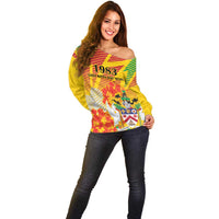 Personalized Saint Kitts and Nevis Poinciana Flowers Off Shoulder Sweater With Coat Of Arms - Wonder Print Shop