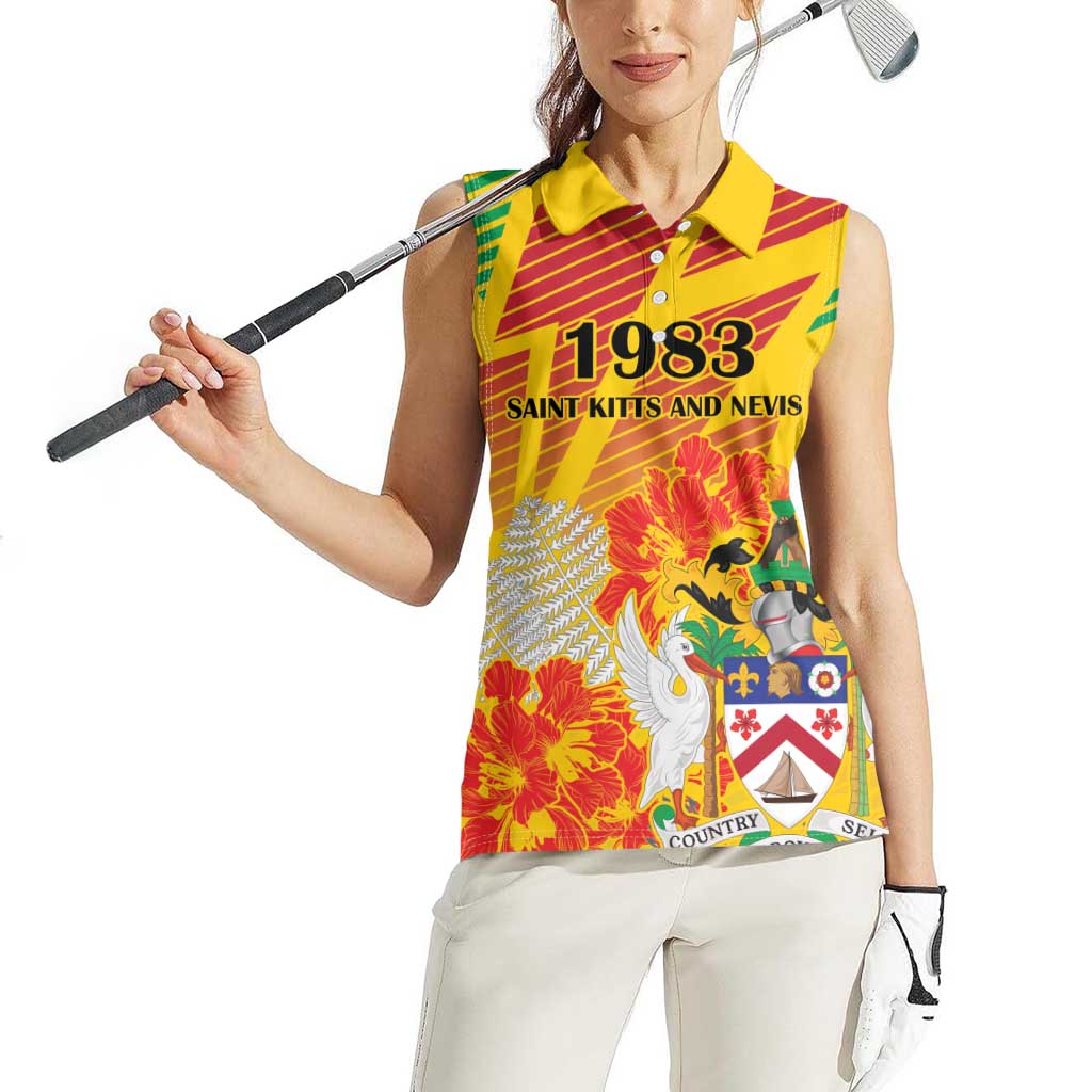 Personalized Saint Kitts and Nevis Poinciana Flowers Women Sleeveless Polo Shirt With Coat Of Arms - Wonder Print Shop