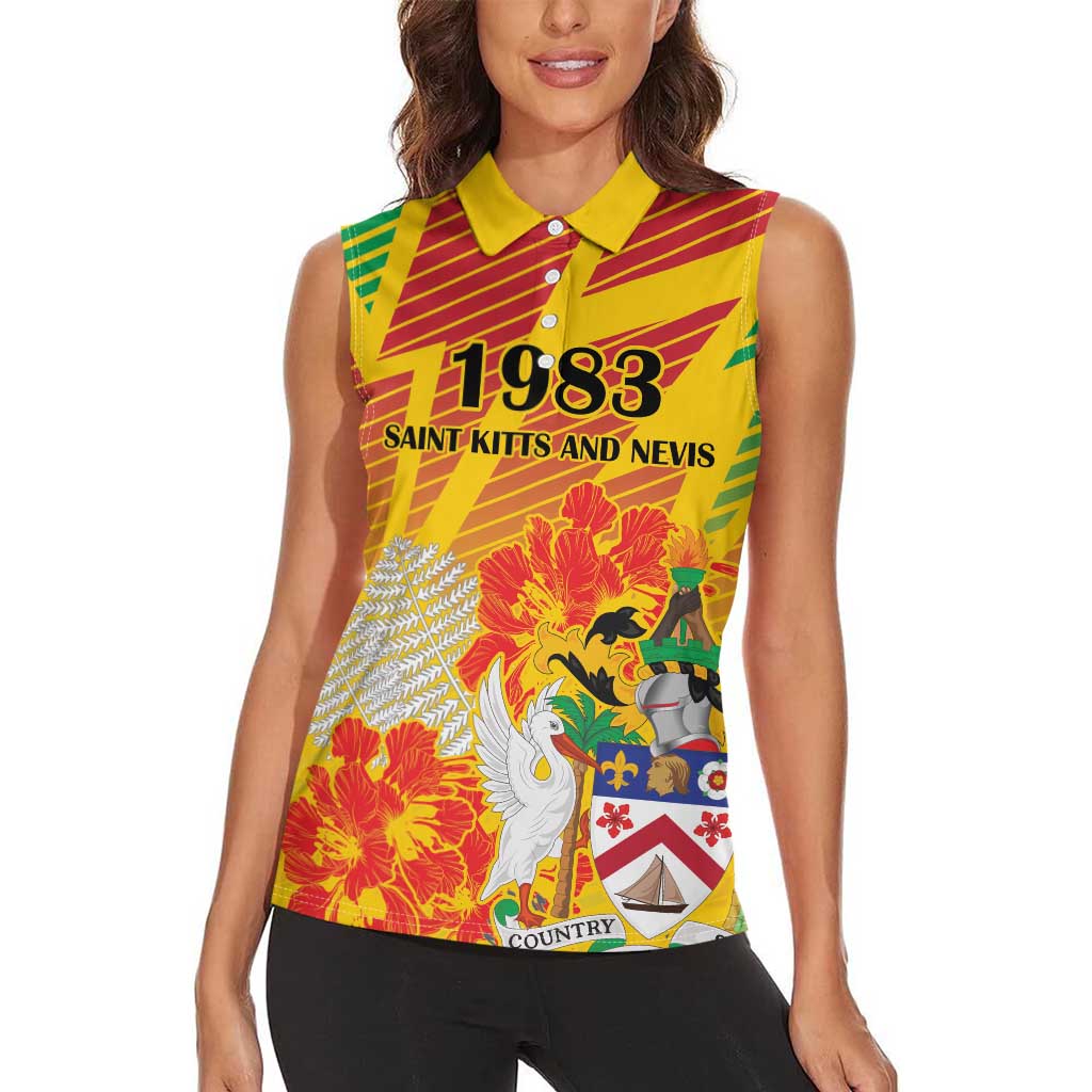 Personalized Saint Kitts and Nevis Poinciana Flowers Women Sleeveless Polo Shirt With Coat Of Arms - Wonder Print Shop