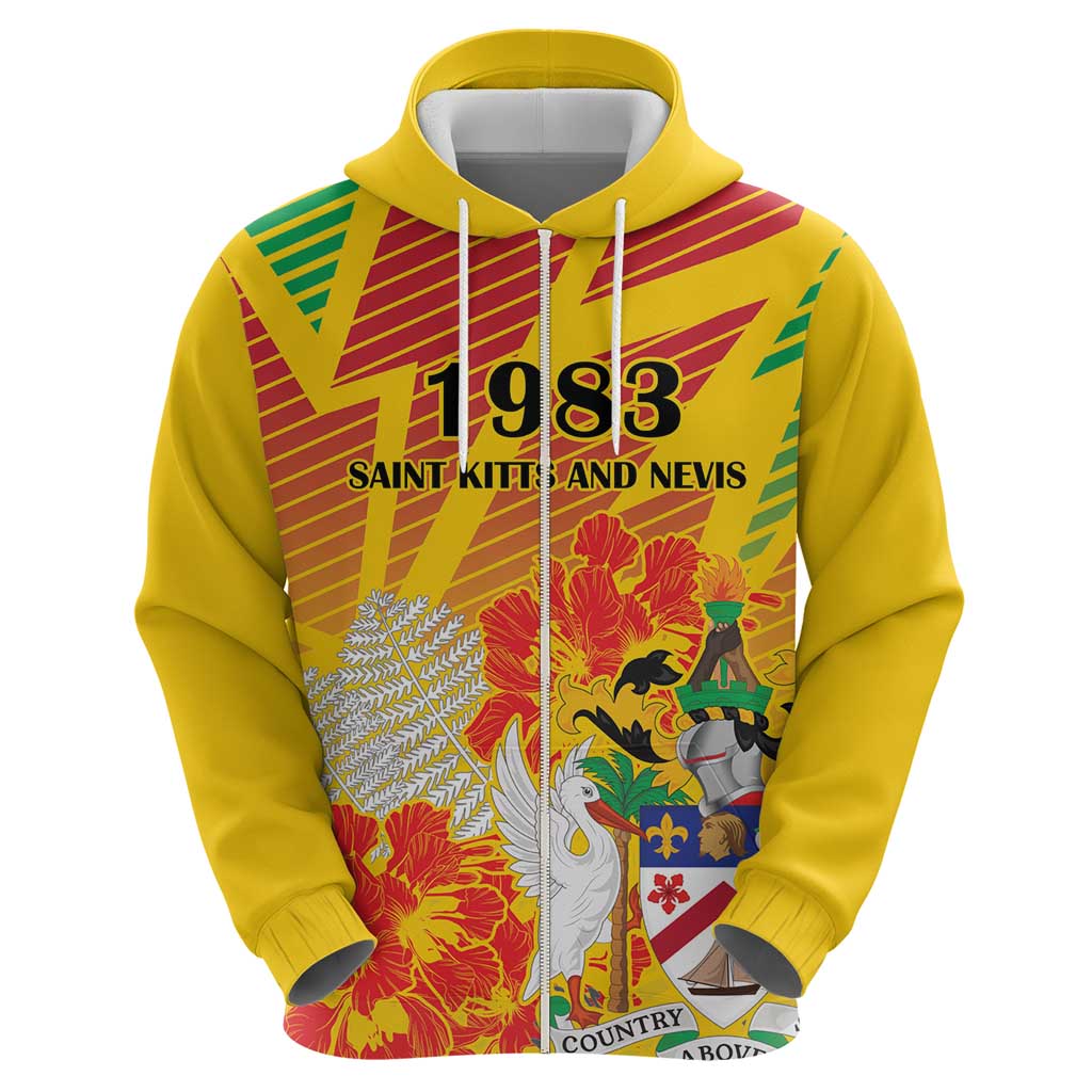 Personalized Saint Kitts and Nevis Poinciana Flowers Zip Hoodie With Coat Of Arms - Wonder Print Shop