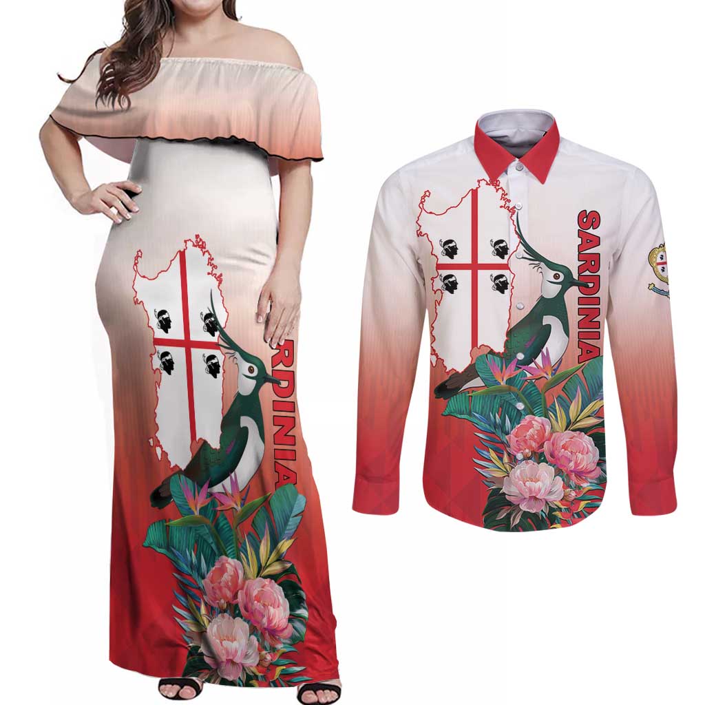 Personalized Italy Sardinia Couples Matching Off Shoulder Maxi Dress and Long Sleeve Button Shirt Lapwing With Map - Wonder Print Shop