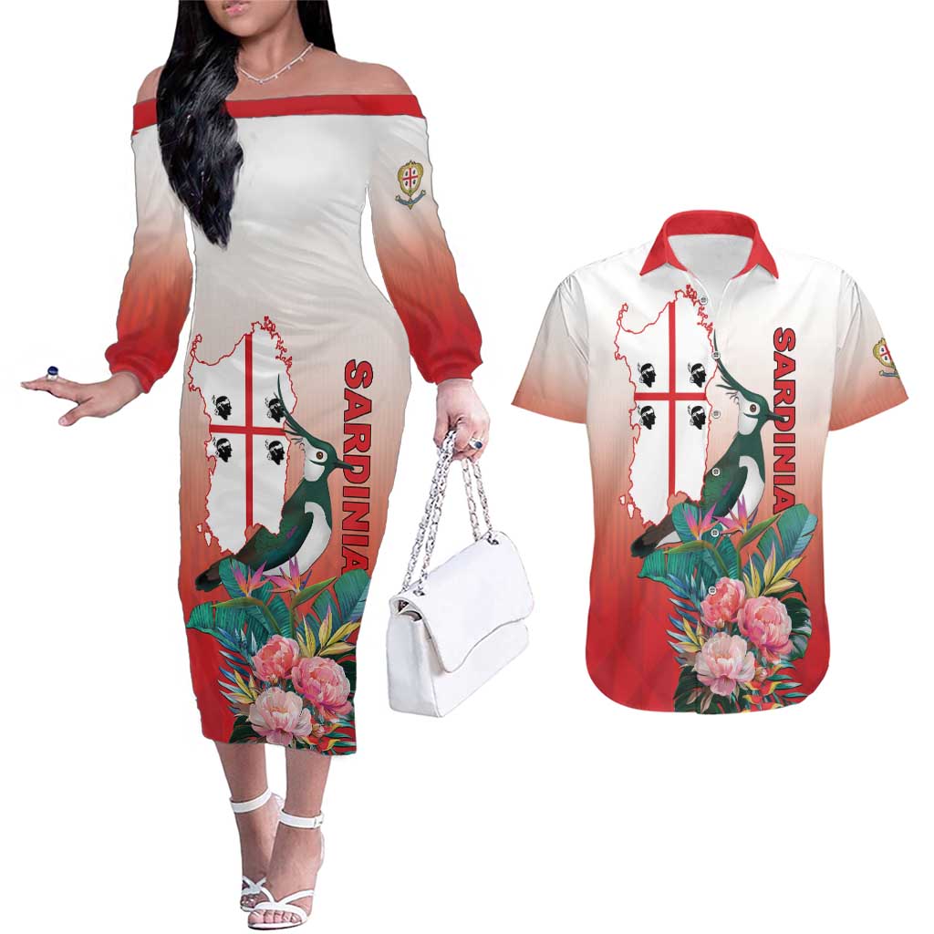 Personalized Italy Sardinia Couples Matching Off The Shoulder Long Sleeve Dress and Hawaiian Shirt Lapwing With Map - Wonder Print Shop