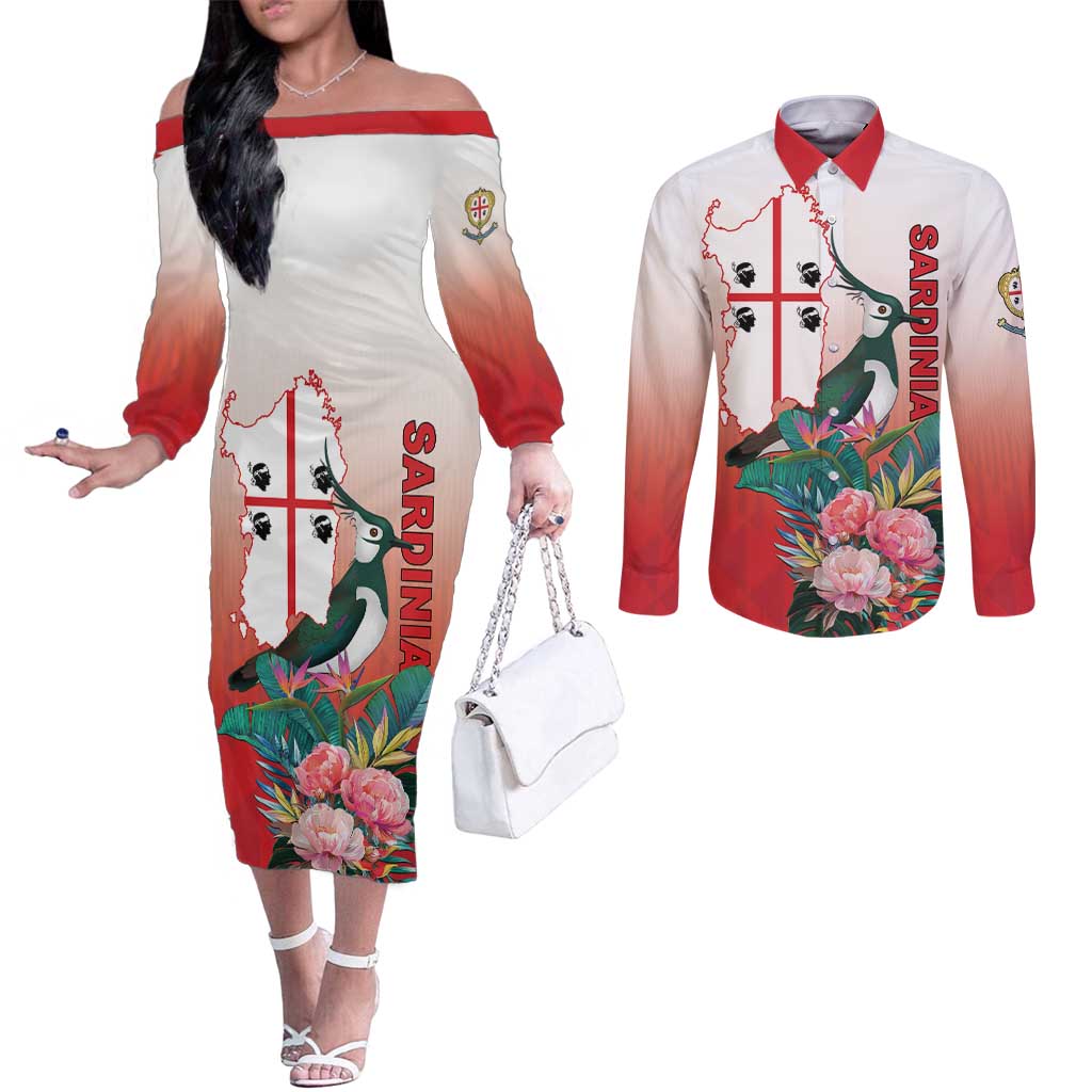 Personalized Italy Sardinia Couples Matching Off The Shoulder Long Sleeve Dress and Long Sleeve Button Shirt Lapwing With Map - Wonder Print Shop