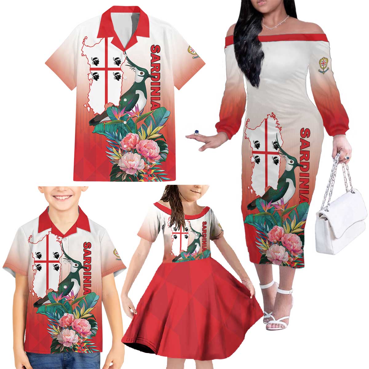Personalized Italy Sardinia Family Matching Off The Shoulder Long Sleeve Dress and Hawaiian Shirt Lapwing With Map - Wonder Print Shop