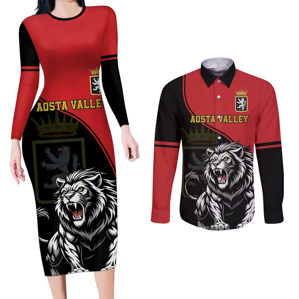 Custom Aosta Valley Couples Matching Long Sleeve Bodycon Dress and Long Sleeve Button Shirt Lion Sporty Style - Wonder Print Shop