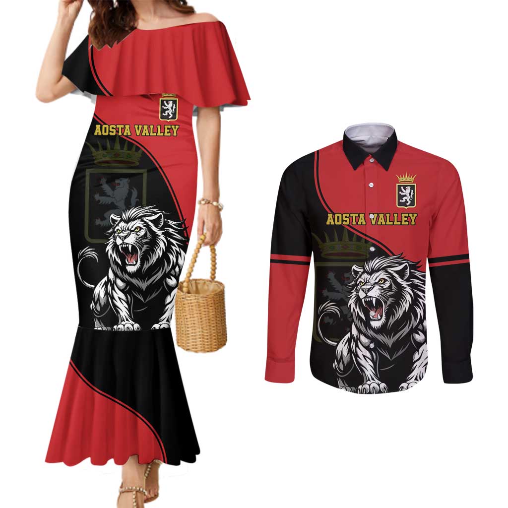 Custom Aosta Valley Couples Matching Mermaid Dress and Long Sleeve Button Shirt Lion Sporty Style - Wonder Print Shop