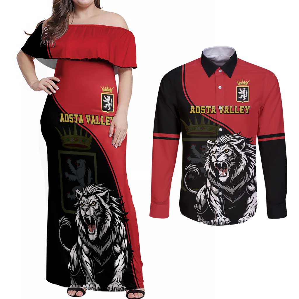 Custom Aosta Valley Couples Matching Off Shoulder Maxi Dress and Long Sleeve Button Shirt Lion Sporty Style - Wonder Print Shop