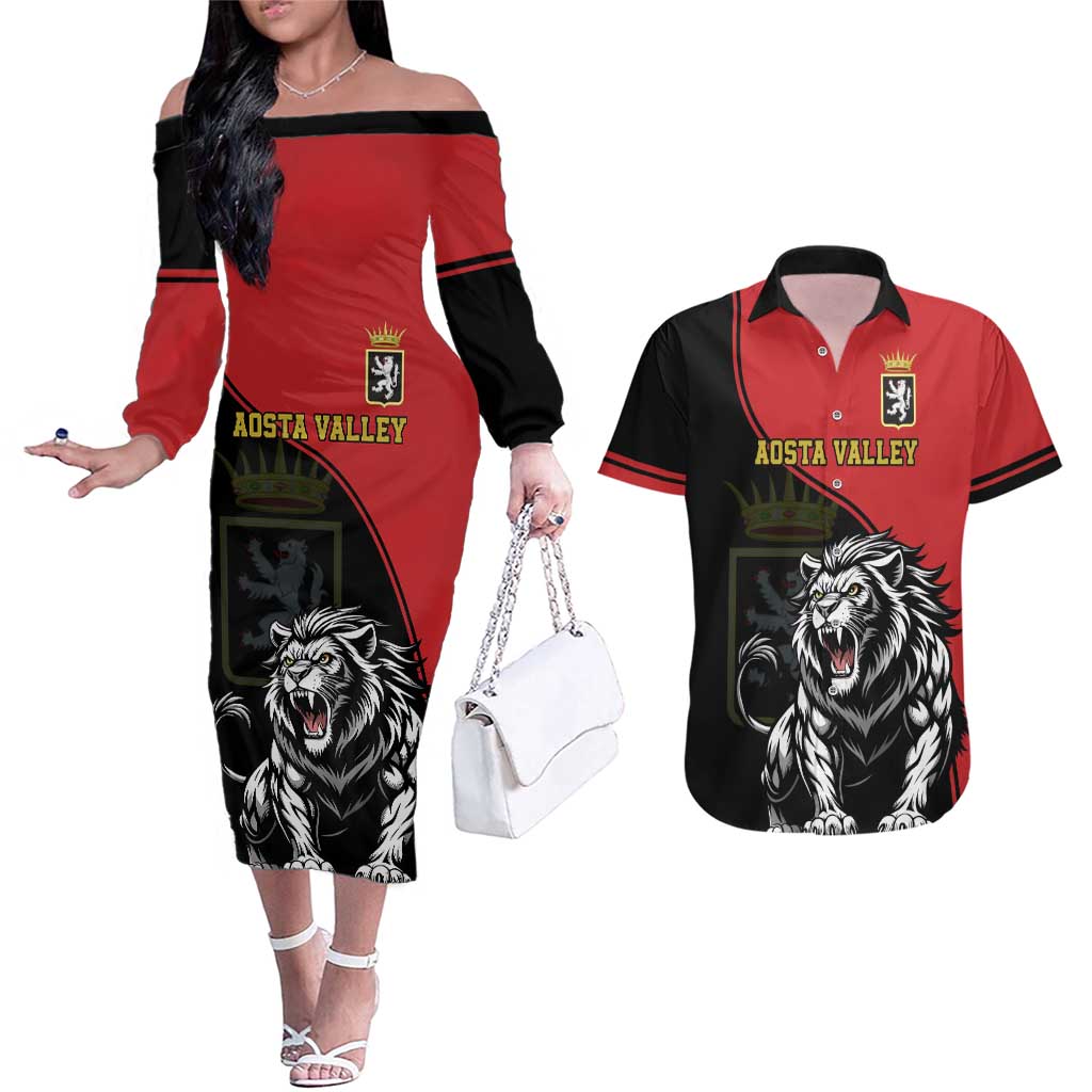 Custom Aosta Valley Couples Matching Off The Shoulder Long Sleeve Dress and Hawaiian Shirt Lion Sporty Style - Wonder Print Shop
