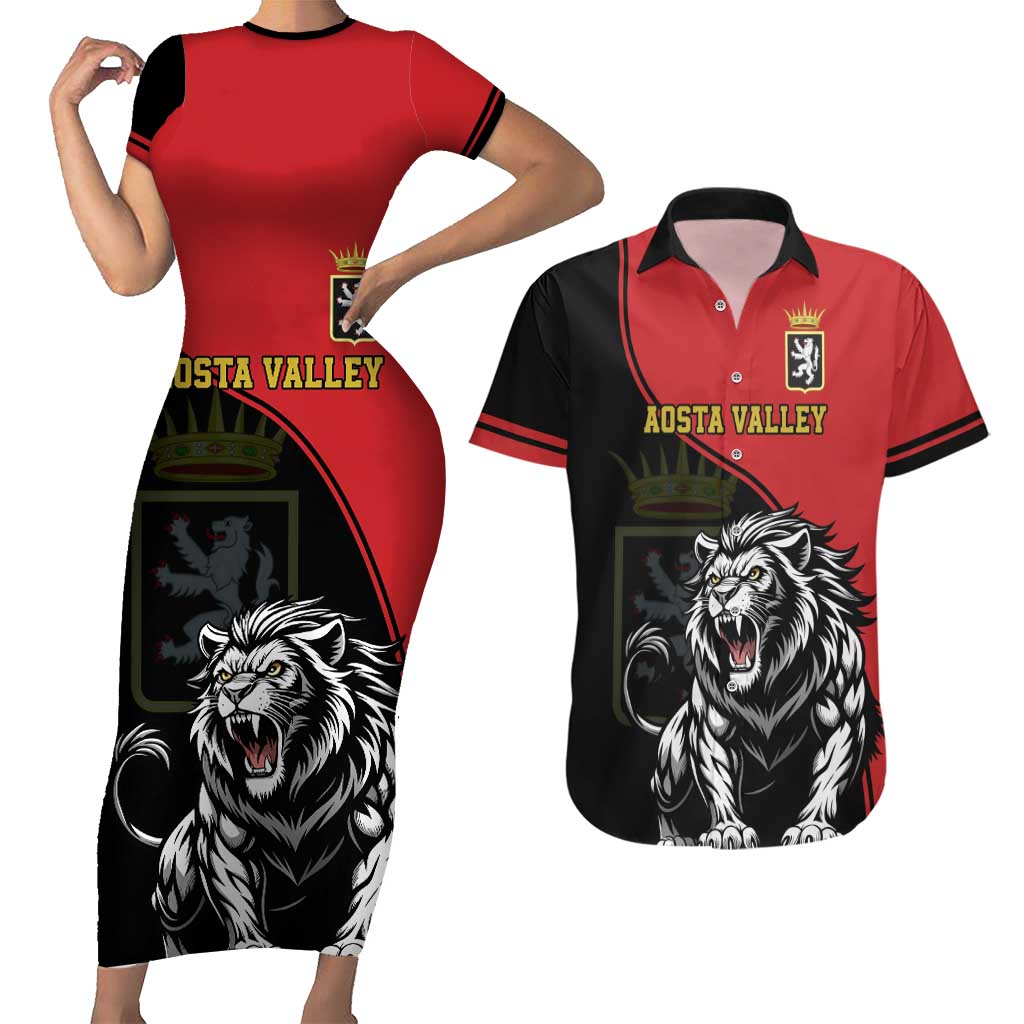 Custom Aosta Valley Couples Matching Short Sleeve Bodycon Dress and Hawaiian Shirt Lion Sporty Style - Wonder Print Shop