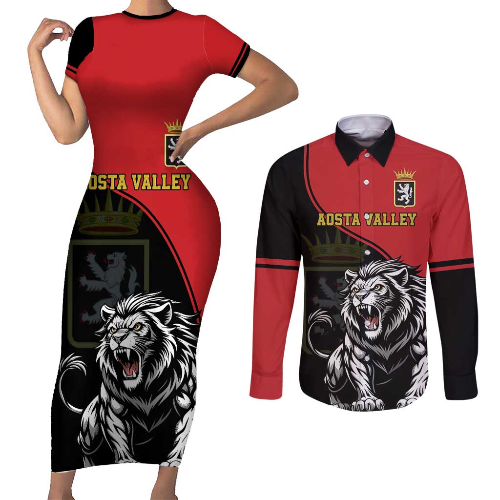 Custom Aosta Valley Couples Matching Short Sleeve Bodycon Dress and Long Sleeve Button Shirt Lion Sporty Style - Wonder Print Shop