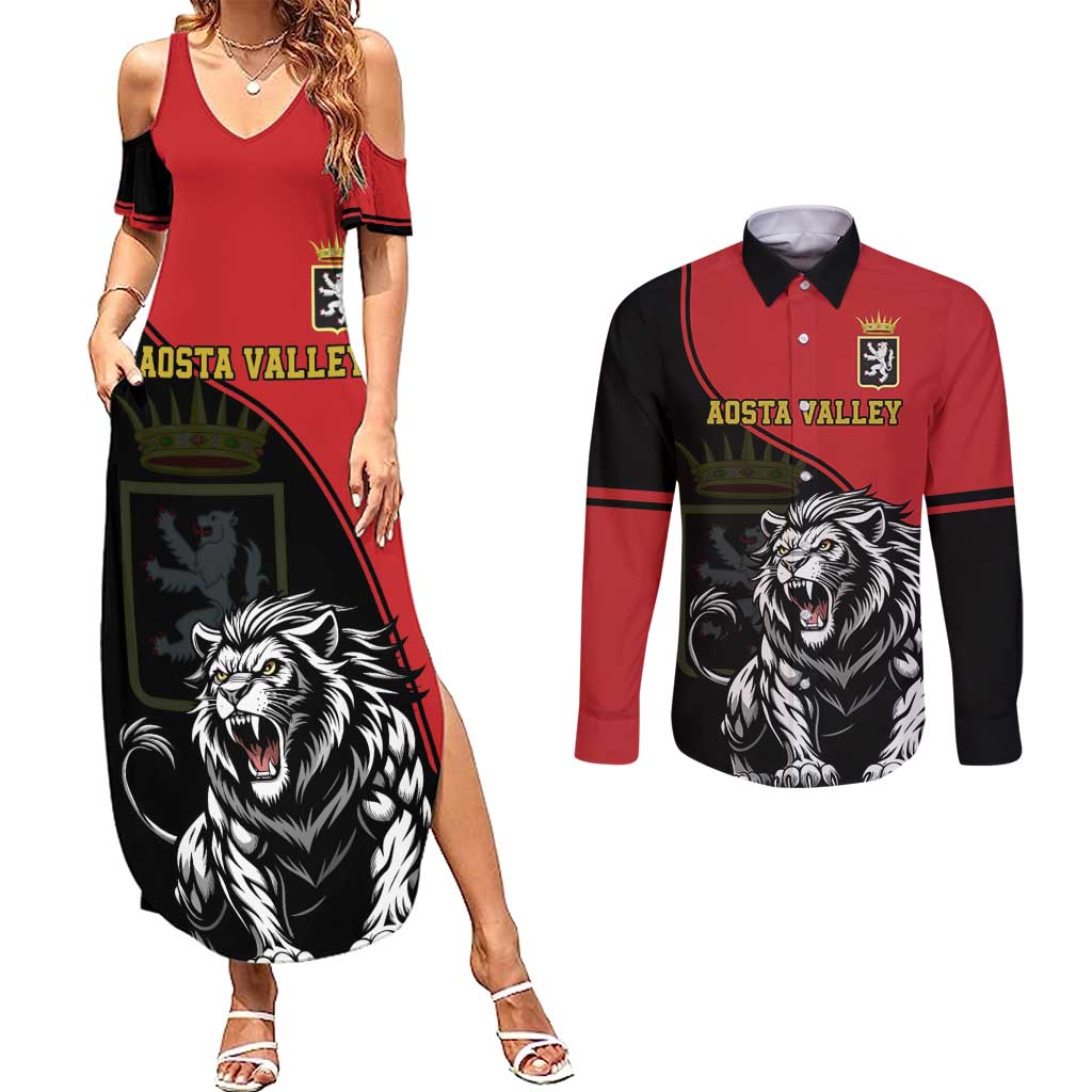 Custom Aosta Valley Couples Matching Summer Maxi Dress and Long Sleeve Button Shirt Lion Sporty Style - Wonder Print Shop