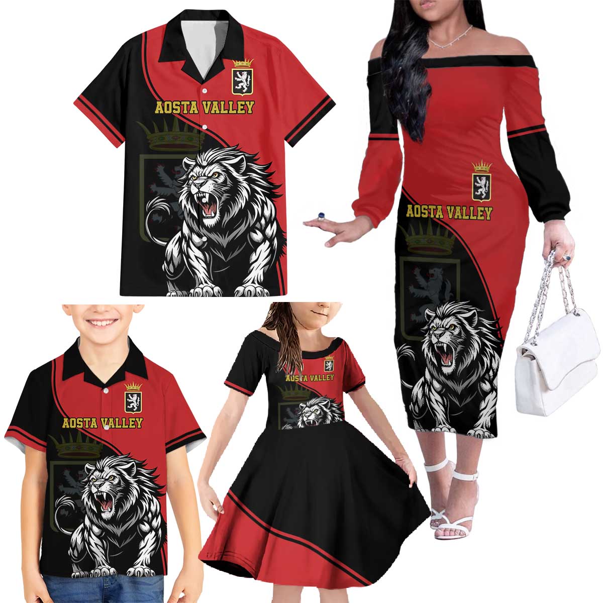Custom Aosta Valley Family Matching Off The Shoulder Long Sleeve Dress and Hawaiian Shirt Lion Sporty Style - Wonder Print Shop