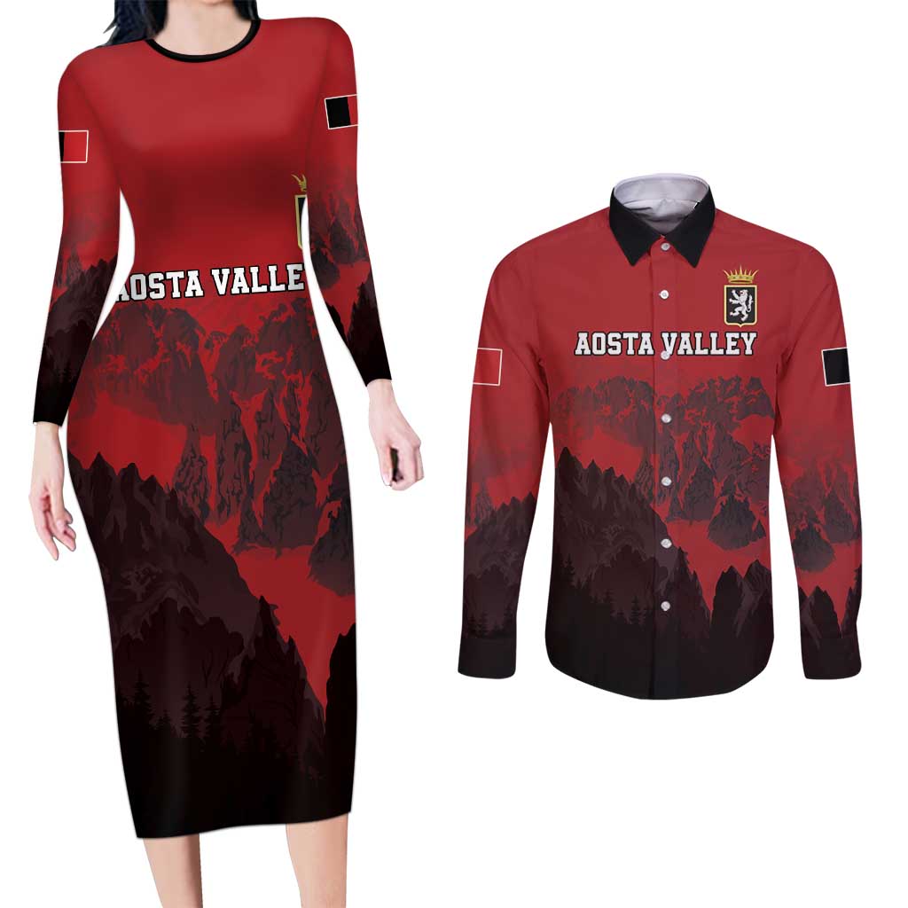 Custom Aosta Valley Couples Matching Long Sleeve Bodycon Dress and Long Sleeve Button Shirt Mont Blanc Sporty Style - Wonder Print Shop