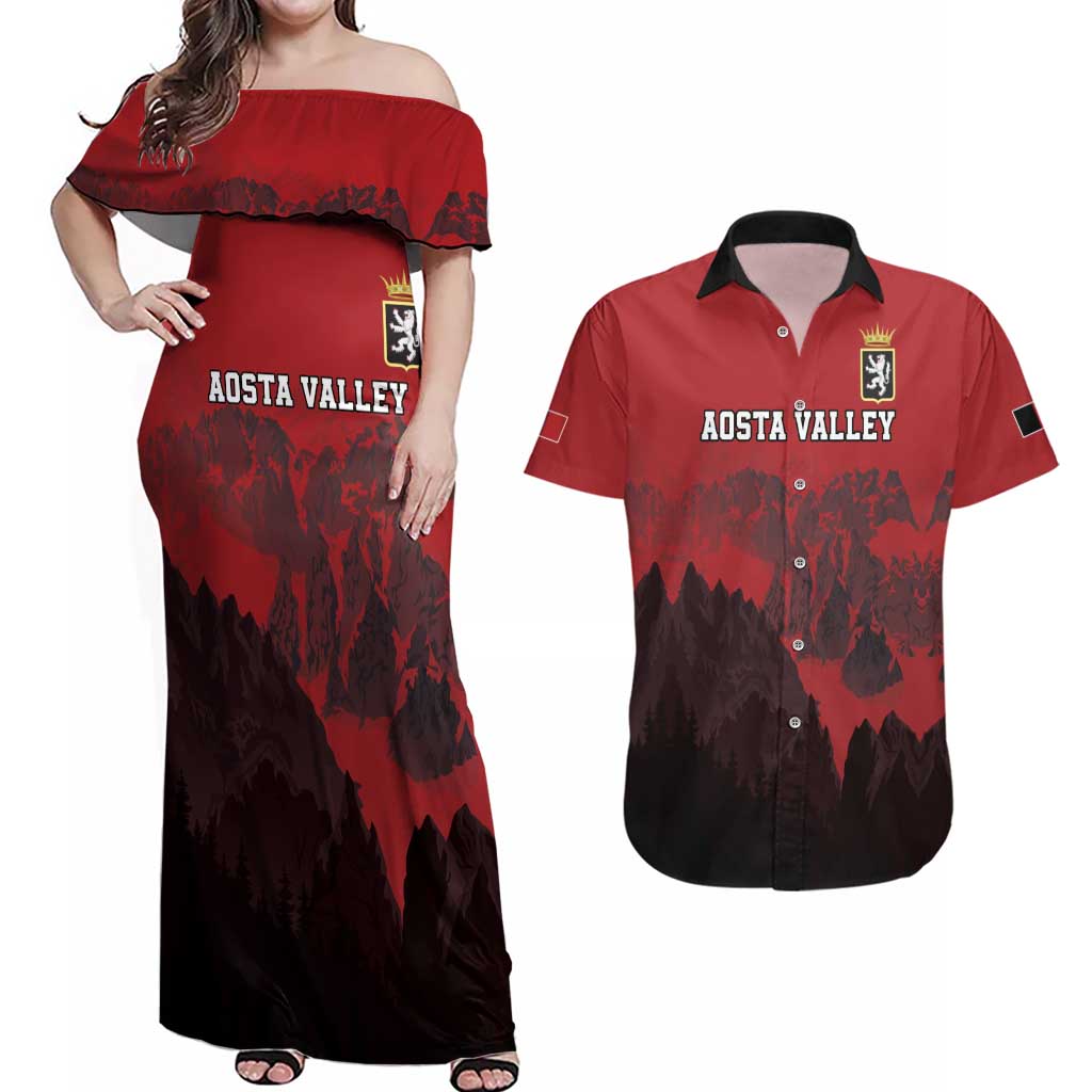 Custom Aosta Valley Couples Matching Off Shoulder Maxi Dress and Hawaiian Shirt Mont Blanc Sporty Style - Wonder Print Shop