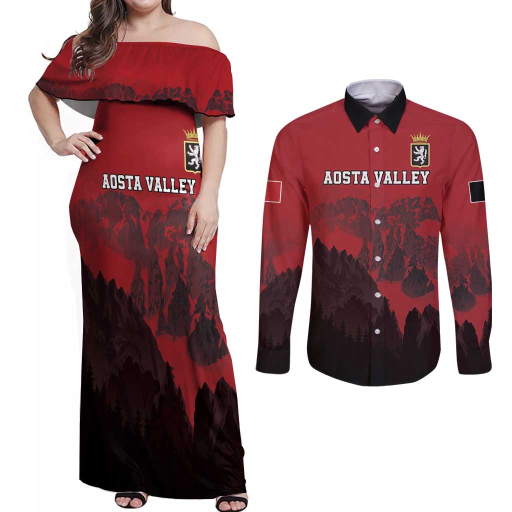 Custom Aosta Valley Couples Matching Off Shoulder Maxi Dress and Long Sleeve Button Shirt Mont Blanc Sporty Style - Wonder Print Shop