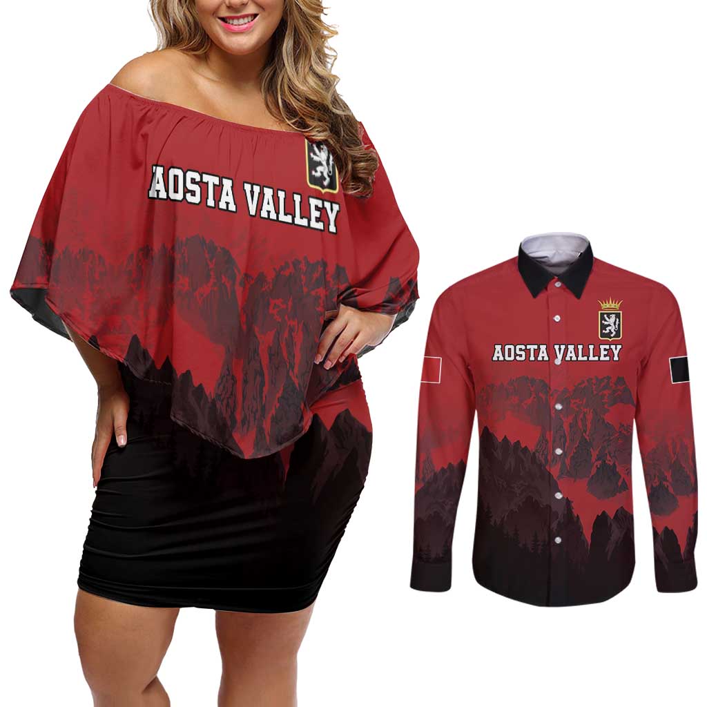 Custom Aosta Valley Couples Matching Off Shoulder Short Dress and Long Sleeve Button Shirt Mont Blanc Sporty Style - Wonder Print Shop