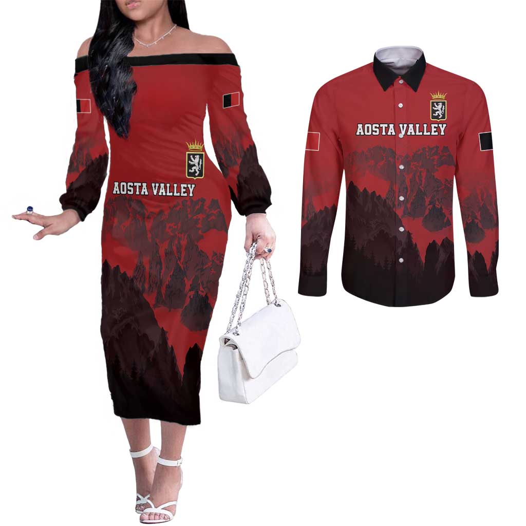Custom Aosta Valley Couples Matching Off The Shoulder Long Sleeve Dress and Long Sleeve Button Shirt Mont Blanc Sporty Style - Wonder Print Shop