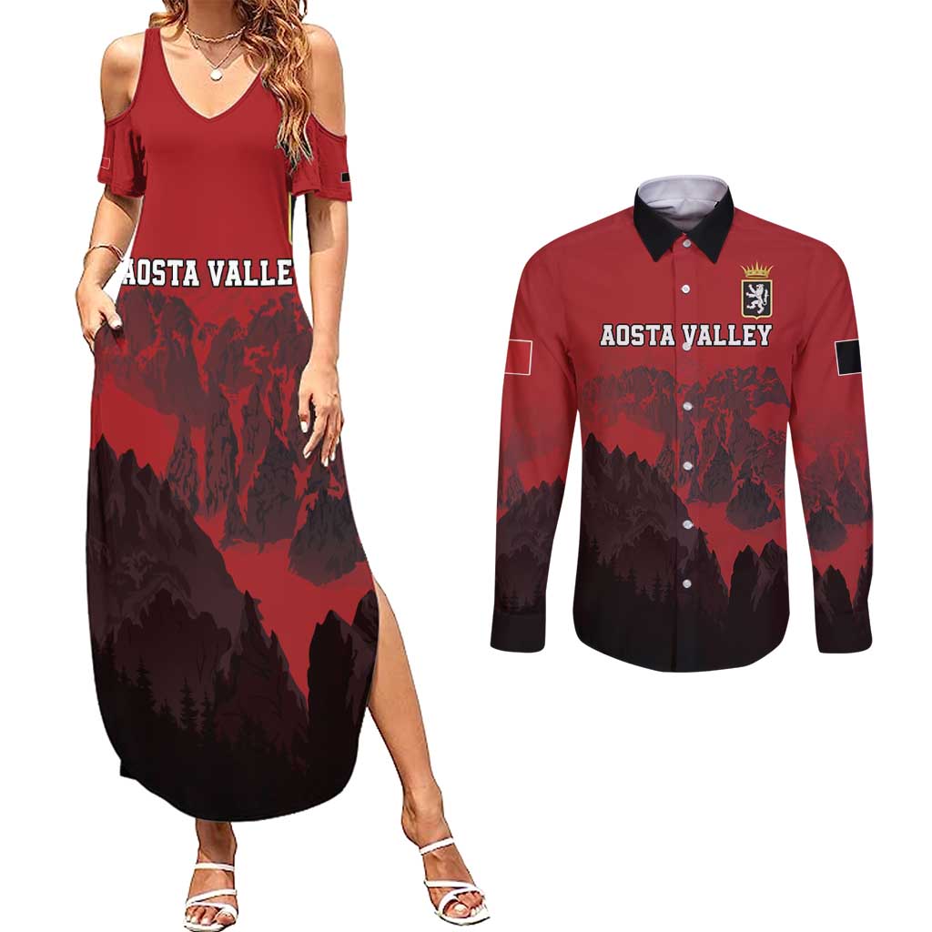 Custom Aosta Valley Couples Matching Summer Maxi Dress and Long Sleeve Button Shirt Mont Blanc Sporty Style - Wonder Print Shop