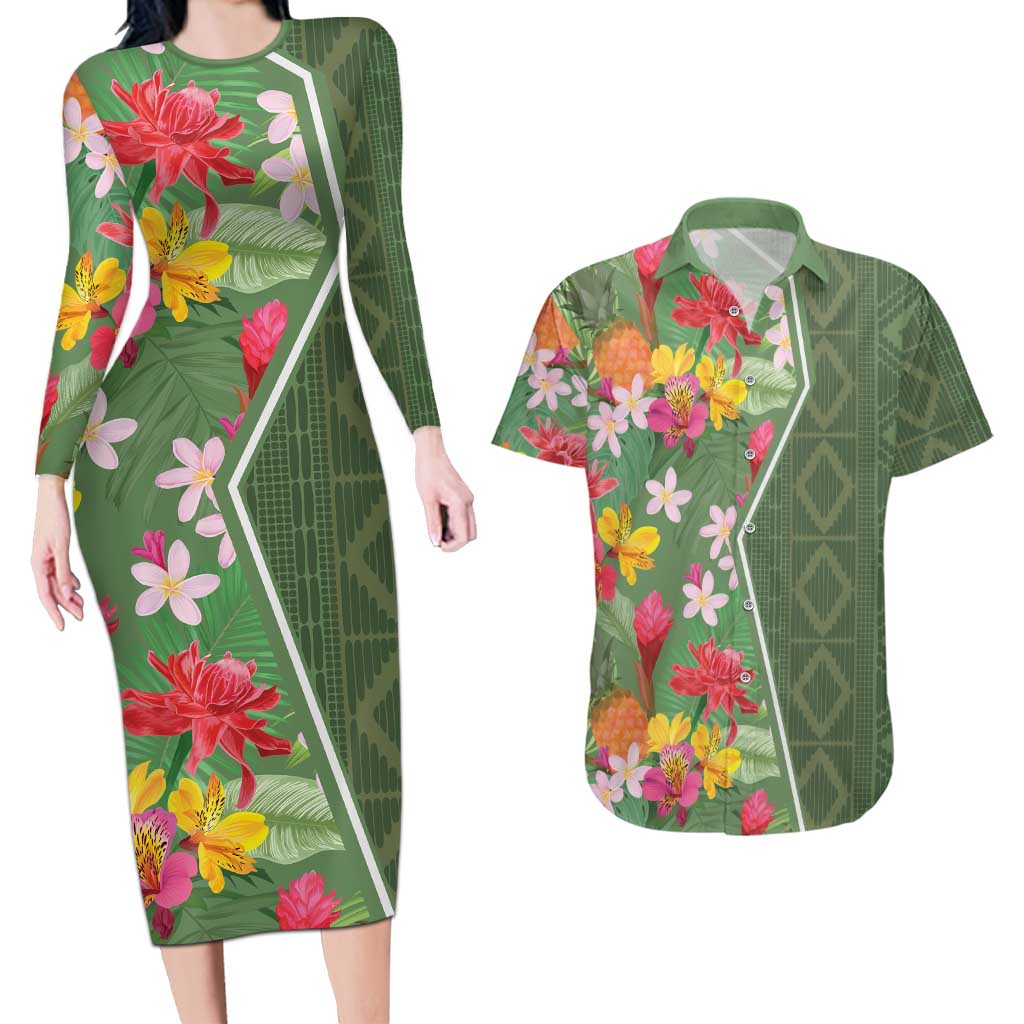 Africa Tropical Flowers Couples Matching Long Sleeve Bodycon Dress and Hawaiian Shirt Green Version - Wonder Print Shop