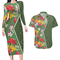 Africa Tropical Flowers Couples Matching Long Sleeve Bodycon Dress and Hawaiian Shirt Green Version - Wonder Print Shop