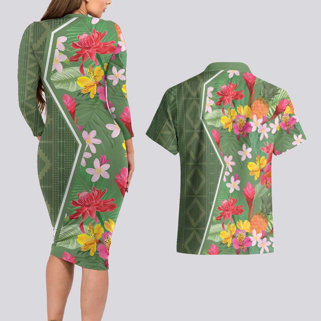 Africa Tropical Flowers Couples Matching Long Sleeve Bodycon Dress and Hawaiian Shirt Green Version - Wonder Print Shop